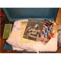 Suitcase w/old quilt, slippers & magazines
