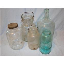 5 old glass jars & jugs