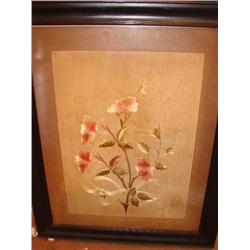 Stitched floral on silk, in old black frame