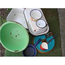 Enamelware-green mixing bowl, lazy susan, etc