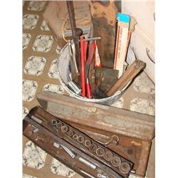 "Boy Bucket"-filled w/tools, tool box full & rope