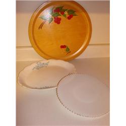 3 platters, petalware, wood cherry,blue& white