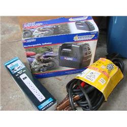 Rechargable inflator, jumper cables, power strip