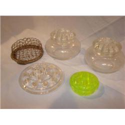 5 Flower Frogs-Vaseline, Wire & Glass