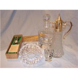Crystal bar items, decanter, jigger, ashtrays