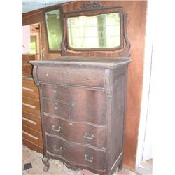 Tiger oak highboy with beveled mirror