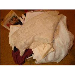 Large box of linens, hat pattern, gloves, variety!