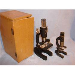 2 microscopes, one is orig. wood box