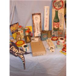 Adv. items-thermometers,tins,Royal Cola opener