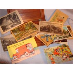 Old postcards in handcrafted wooden box