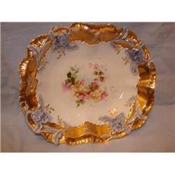 Old vegetable dish, raised design, gold overlay
