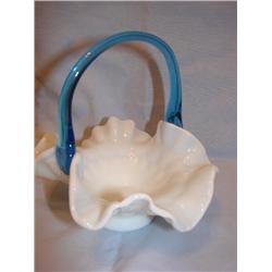 Old Fry milk glass basket, blue applique handle