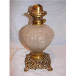 Antique satin glass oil lamp,drapes & beading