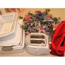 Toaster, pet carrier,baskets, floral