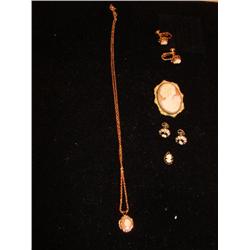 Cameo jewelry, necklace, earings, brooch