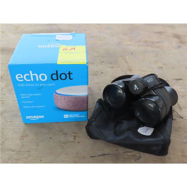 Echo Dot in Box, Vivitar Binoculars