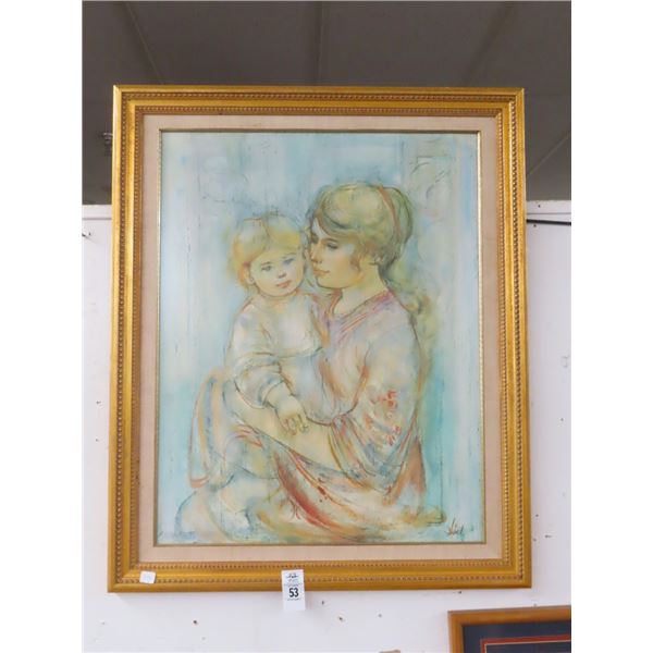 Framed Wall Art Mother w/Child Signed Hibel - 24  X  36