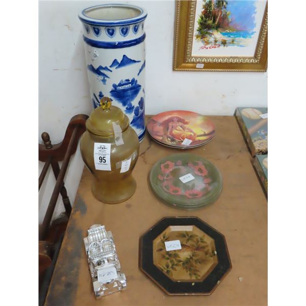 Collector Plates, Car Decanter, Oriental Umbrella Stand, Vasoline Glass Urn