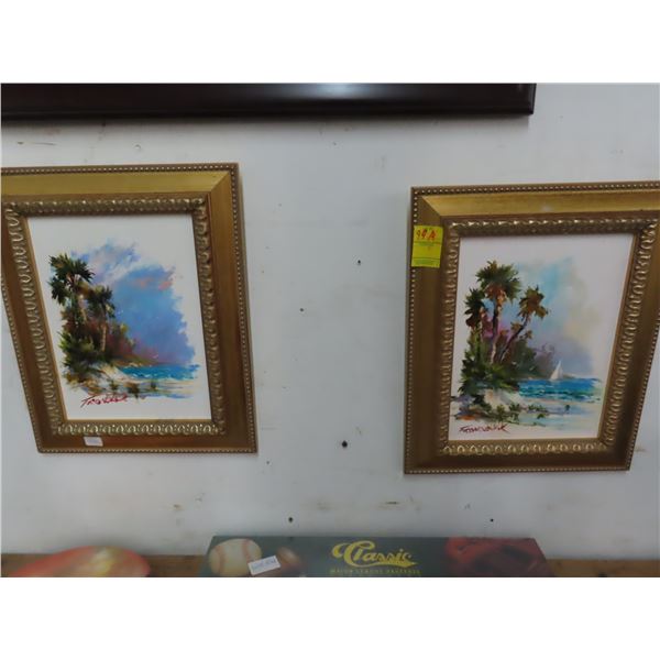 Framed Small Tropical Beach Scenes on Board - Pair