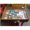 Image 1 : Side Table Showcase w/Asst. Vintage Paperweights, Card Games, Matchboxes,