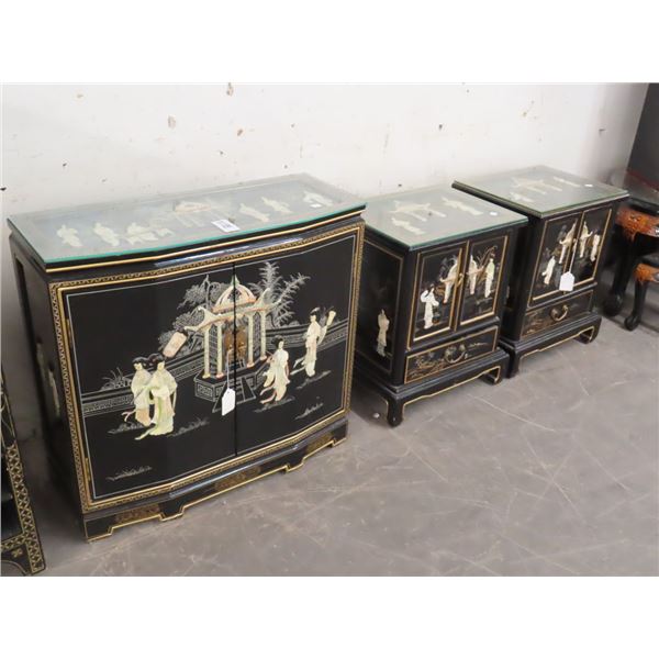 Oriental Mop Glasstop Hall Cabinet w/2 End Tables - Set
