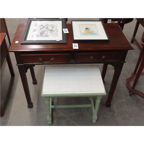 Mahogany Small Writing Desk w/Drawers and Tile Top End Table