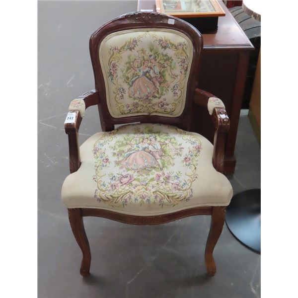 Mahogany Trim Needlepoint Provincial Figural Padded Armchair