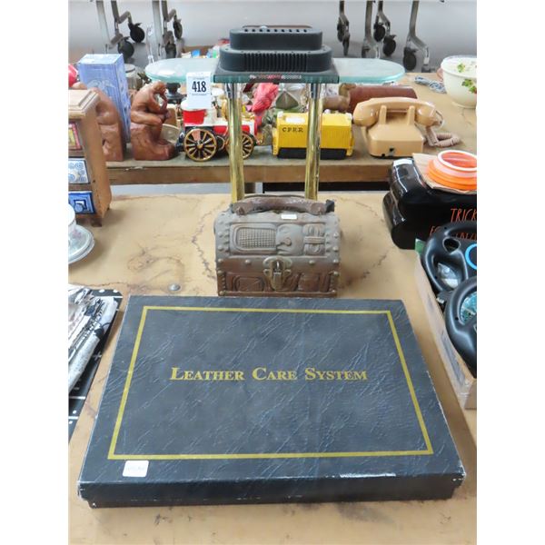Desk Lamp, Carved Storage Box, Leather Care System