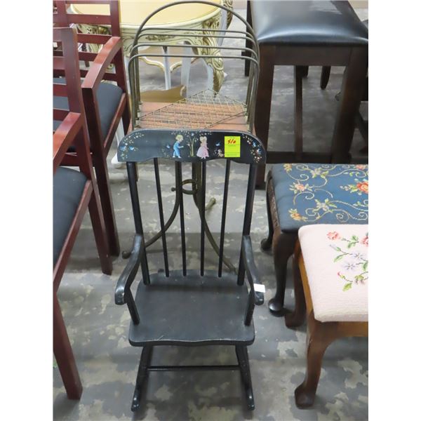 Small Magazine Rack, Pedestal Table, Childs Rocker