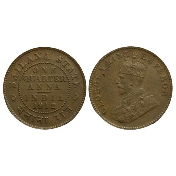 PS, Sailana State, King George V, One Quarter Anna, 1912, Extremely Fine