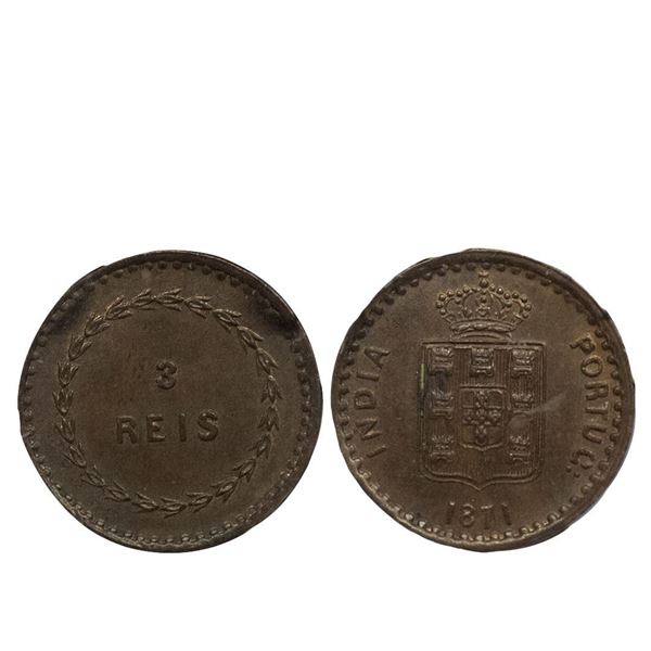 Indo-Portuguese, Colonical Coinage, Luiz I (Ludwig) (1861-1889 AD), Copper 3 Reis, 1871 AD