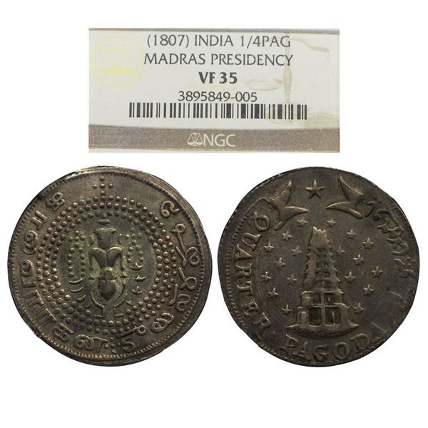 Madras Presidency, Madras mint, first issue, silver Â¼ pagoda, ND (1807AD), KM 343