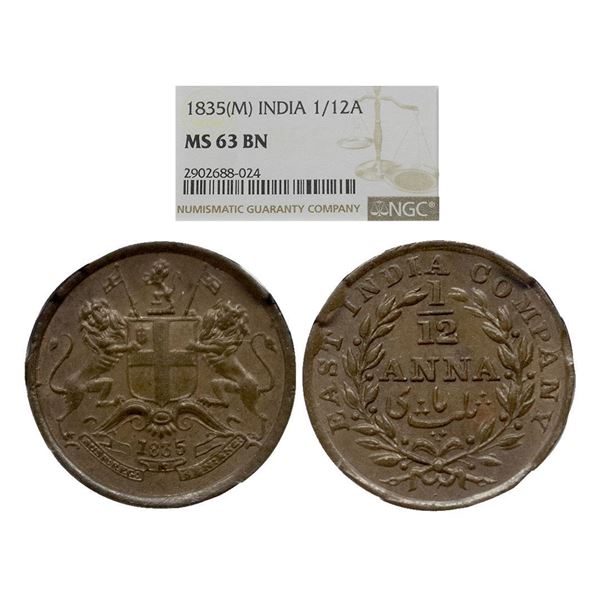 British India, King William IIII, Copper 1/12 anna, 1835, Madras Mint