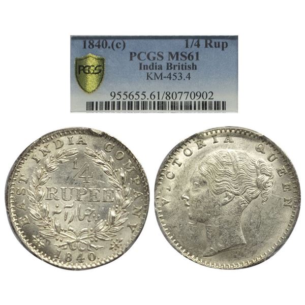 British India, Victoria Queen, Silver Â¼  Rupee, 1840, Continuous Legend, Calcutta Mint