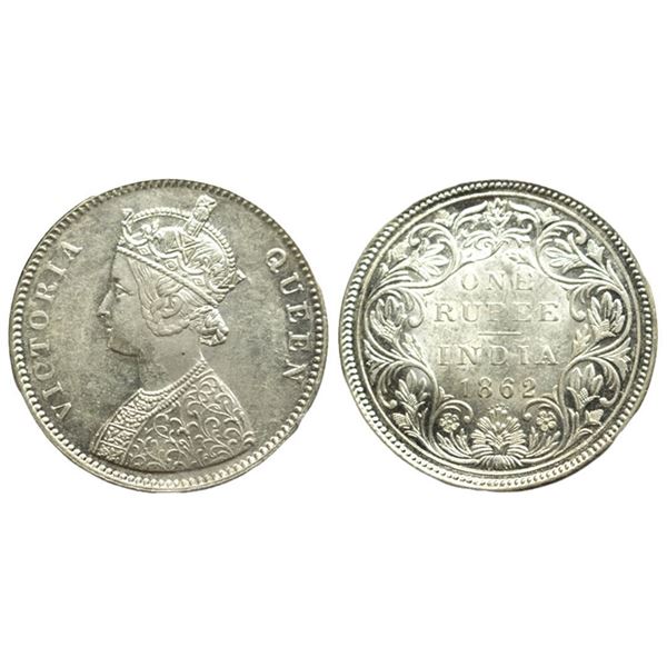 British India. Victoria Queen, Silver Rupee, 1862, 0/6 Dots