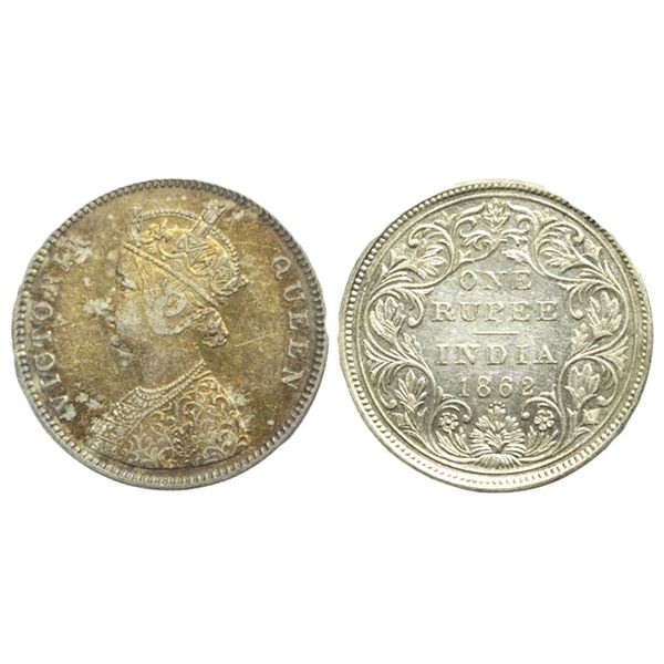 British India. Victoria Queen, Silver Rupee, 1862, 0/4 Dots