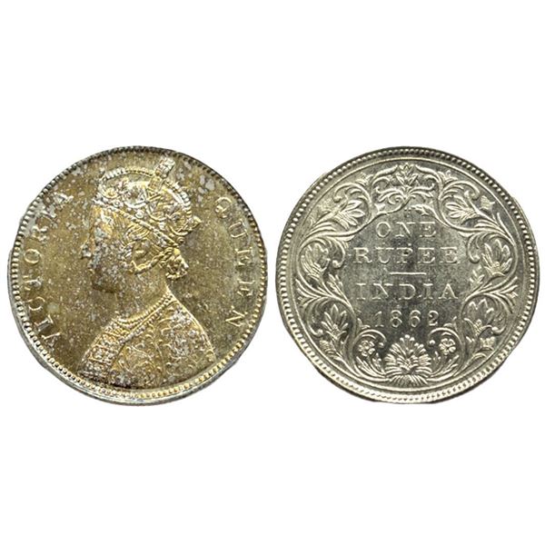 British India. Victoria Queen, Silver Rupee, 1862, 2/0 Dots