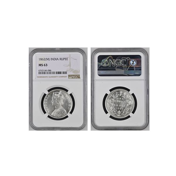 British India, Victoria Queen, Silver Rupee, Madras Mint, 1862 AD, Graded by NGC as MS 63, very rare