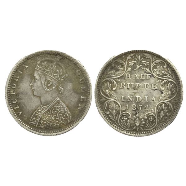 British India, Victoria Queen, Silver Â½ Rupee, 1874, Bombay Mint