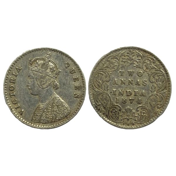 British India, Victoria Queen, Silver Two Annas, 1874, Calcutta Mint