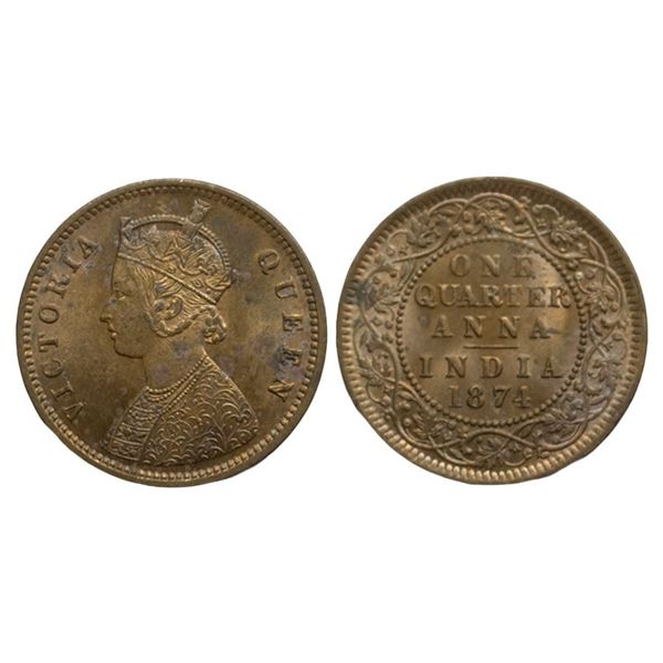 British India, Victoria Queen, Copper, One Quarter Anna, 1874, Calcutta Mint