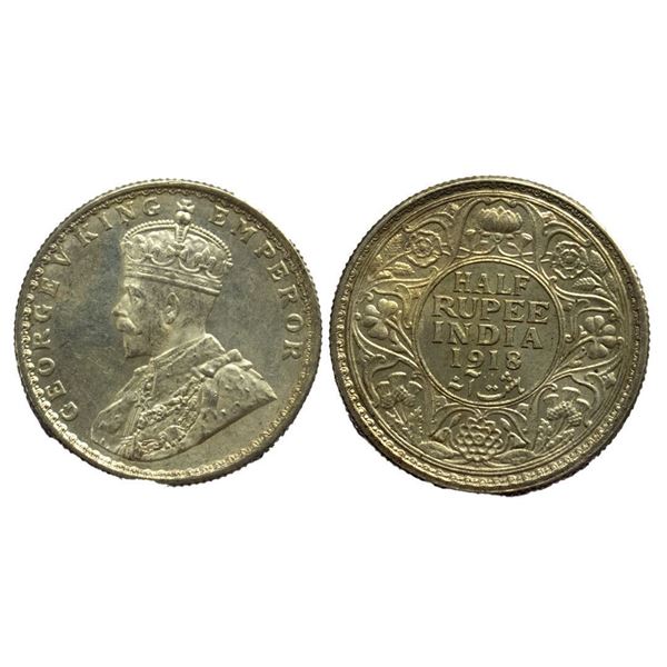 British India, King George V, Silver Â½ Rupee, 1918, Bombay Mint