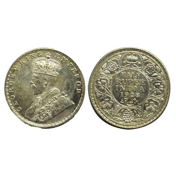 British India, King George V, Silver Â½ Rupee, 1928, Bombay Mint