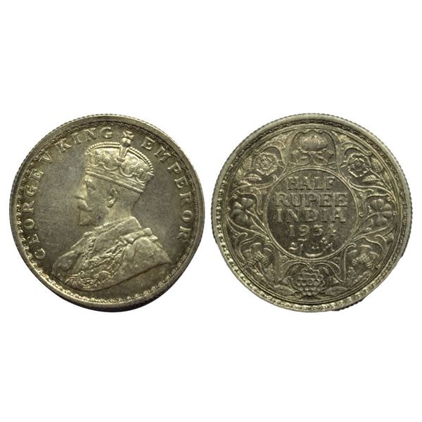 British India, King George V, Silver Â½ Rupee, 1934, Calcutta Mint