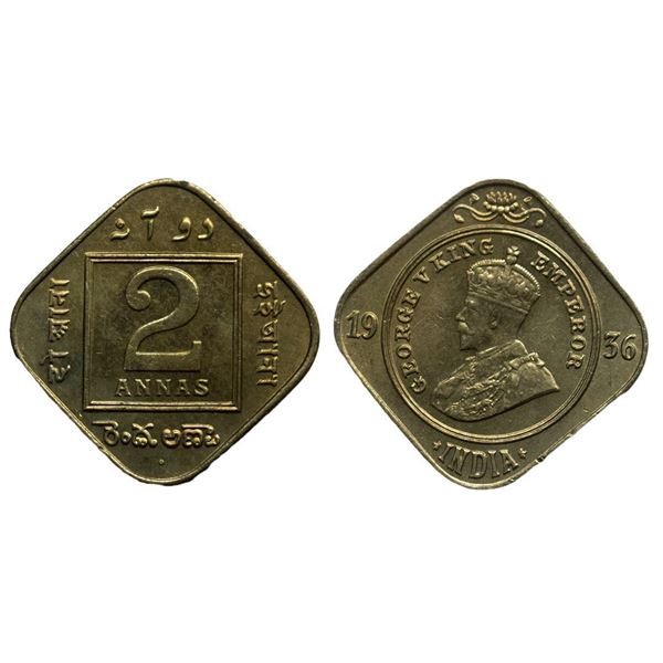 British India, King George V, Copper-NIckel, 2 Annas, 1936, Calcutta Mint