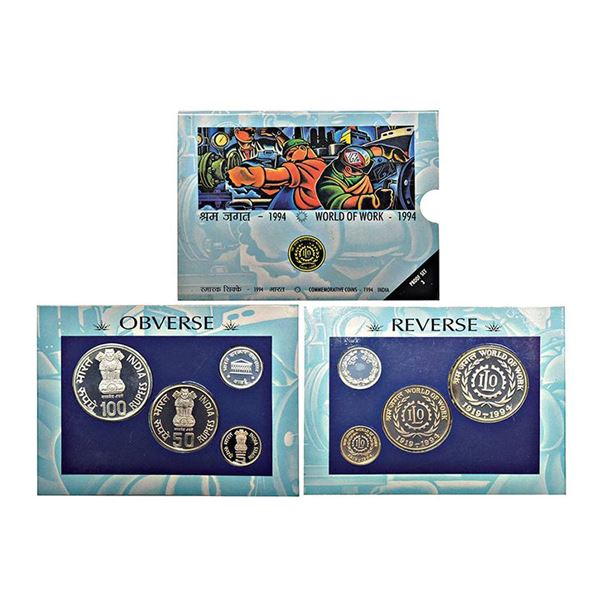 Republic India, 1994,  Proof Set, World of Work, 5 Rupees, 50 Rupees and 100 Rupees