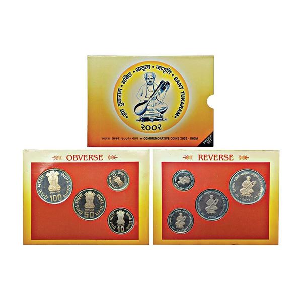 Republic India, 2002, Proof Set, Sant Tukaram, 100 Rupees, 50 Rupees, 10 Rupees 2 Rupees, Kolkata Mi