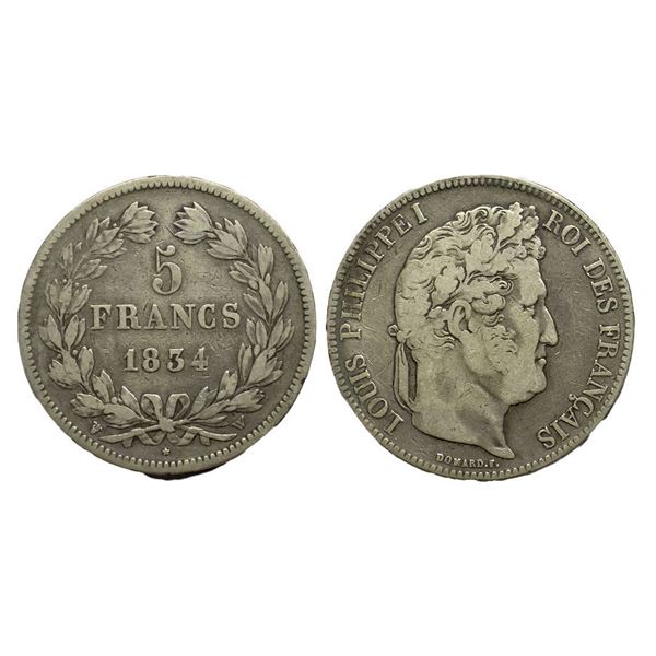 Foreign Coins, France, Louis Philippe (1830-1848 AD), silver 5 francs, AD 1834