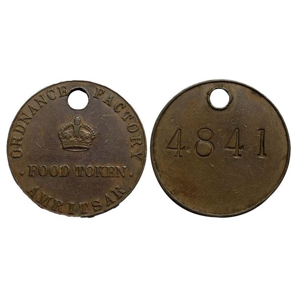 Tokens, Food Token, Ordnance Factory Amritsar, Copper Token, No. on reverse 4841.