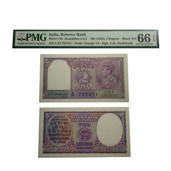 George VI, 2 rupees, ND (1943), signed by C.D. Deshmukh, serial no. E37 757471:  in black
